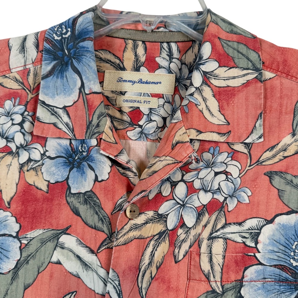 Tommy Bahama Shirt Mens Large Coral Silk Floral Tropical Original Fit Camp